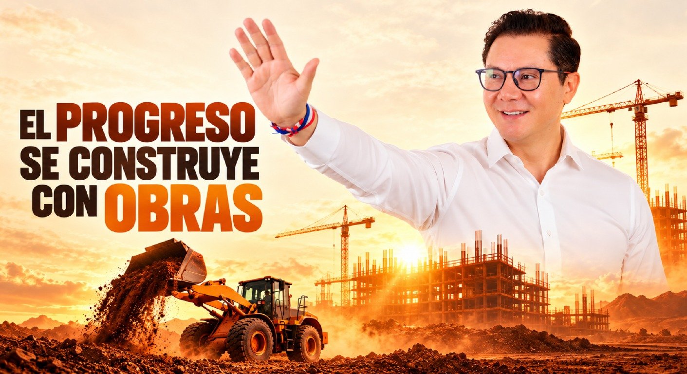 Juan Pablo Cruz saluda junto a obras de construcción