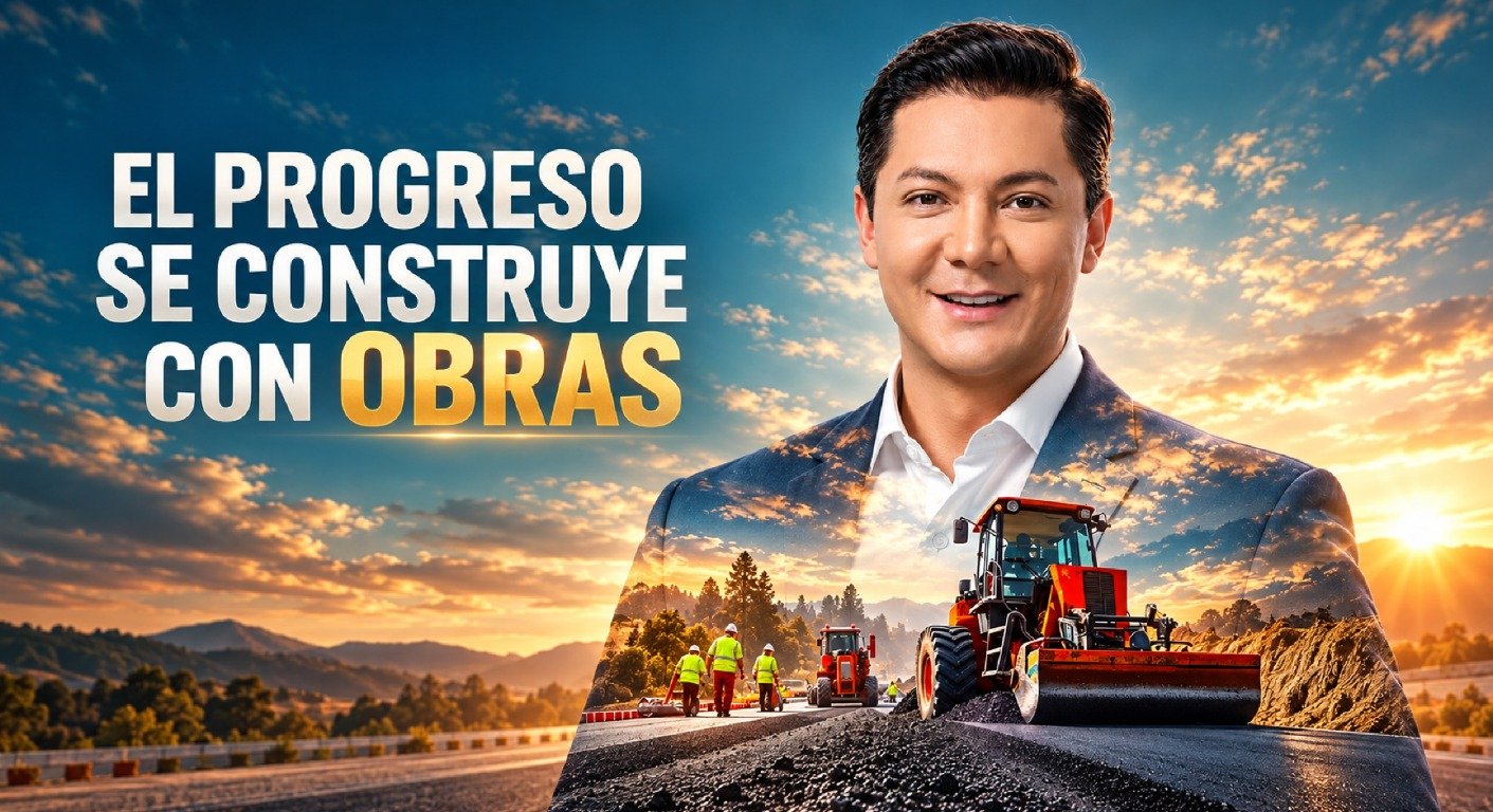 Juan Pablo Cruz junto a maquinaria que construye una carretera